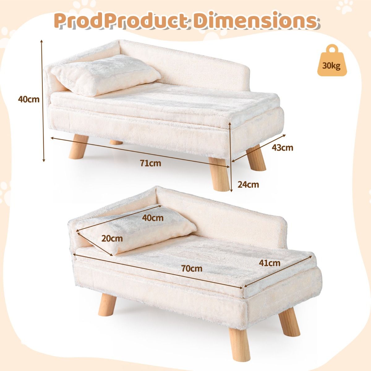 Coast Verhoogd Huisdierenbed - halfronde rugleuning - afneembaar kussen - beige - 71 x 43 x 40 cm
