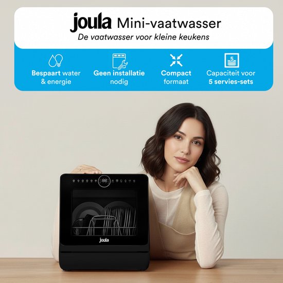 Joula Mini Vaatwasser met Waterreservoir - 8 Wasprogramma's - 5 Couverts - Kleine Smalle Vrijstaande Afwasmachine - Camping - Zwart