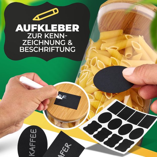 GREEN BEE'S set van 6 grote voorraadpotten - 2x1500ml & 4x650ml - Past perfect in lades en medicijnkastjes - Duurzame voorraadpotten met luchtdichte deksels - Voor bloem, rijst, pasta, muesli en bonen