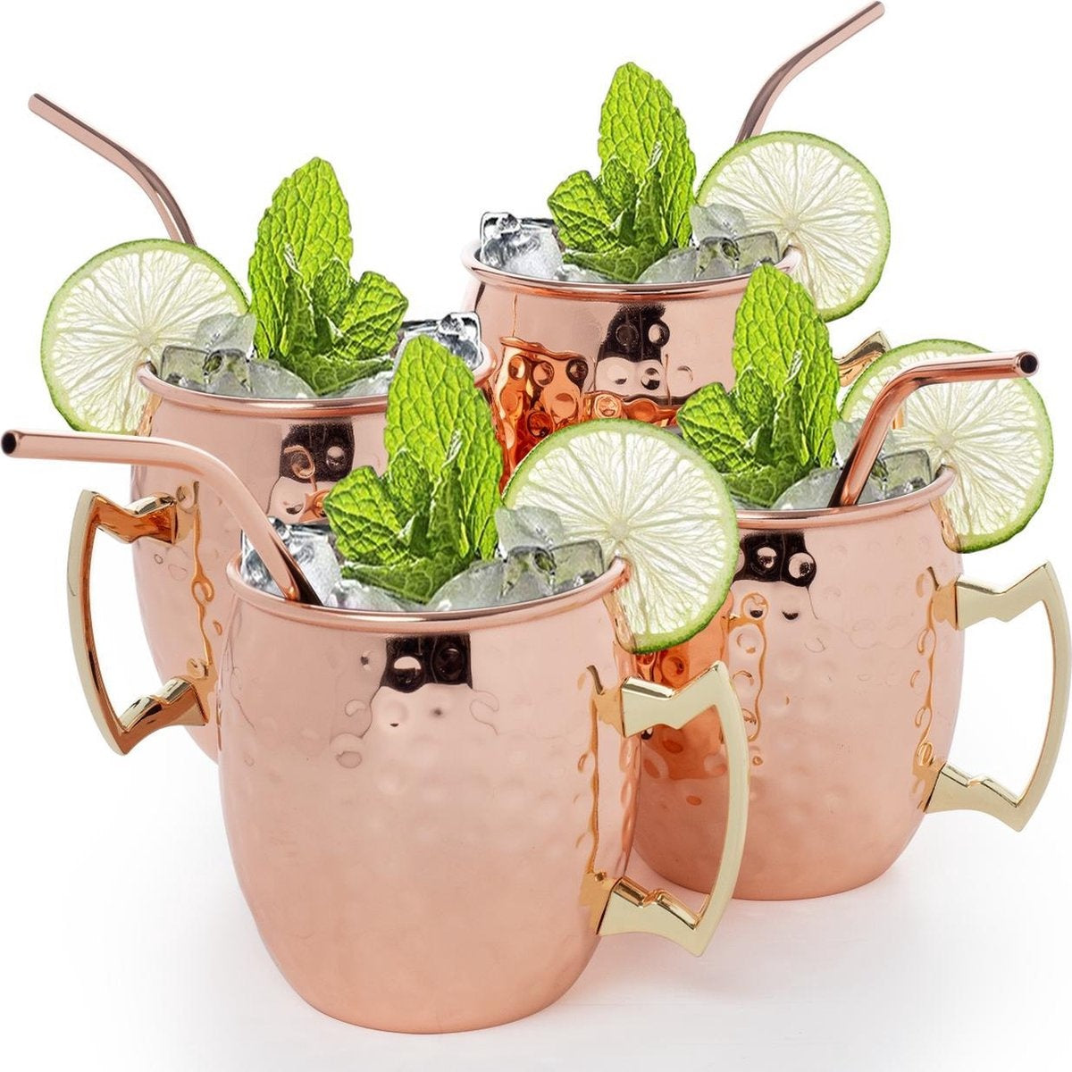 KitchenBrothers Moscow Mule Bekers - Cocktailglazen met Rietjes - 4 Stuks - Verkoperd - 500ML