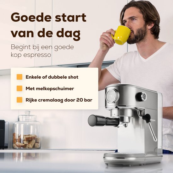 KitchenLove Pistonmachine - RVS Espressomachine - 20 Bar - Handmatig - Met Stoompijpje