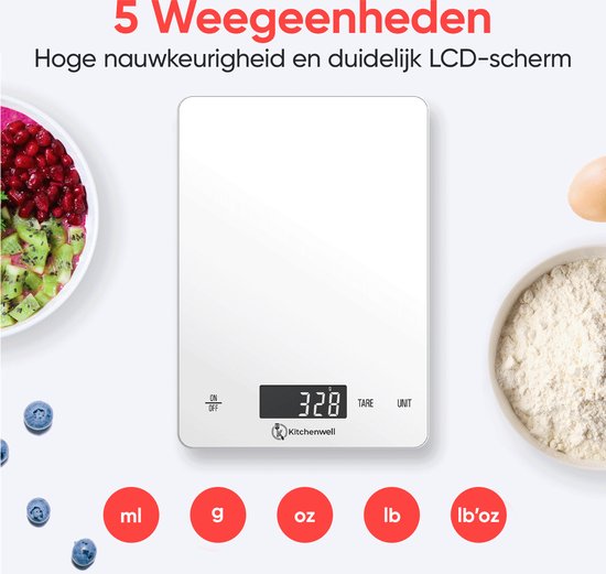 Kitchenwell Digitale Precisie Keukenweegschaal – Weegschaal Keuken - 1gr - 15kg – Tarra Functie - USB Oplaadbaar - Wit