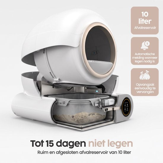 Infinity Goods Automatische Kattenbak XXL - Zelfreinigende Kattenbak - Incl. App - 75L - Met Kattenbakmat en 3 Rollen Opbergzakjes - Wit/Roségoud