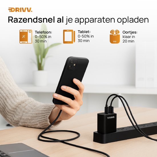 Drivv. USB C Oplader 35W - 2 in 1 Snellader - USB C & USB A aansluiting - Adapter