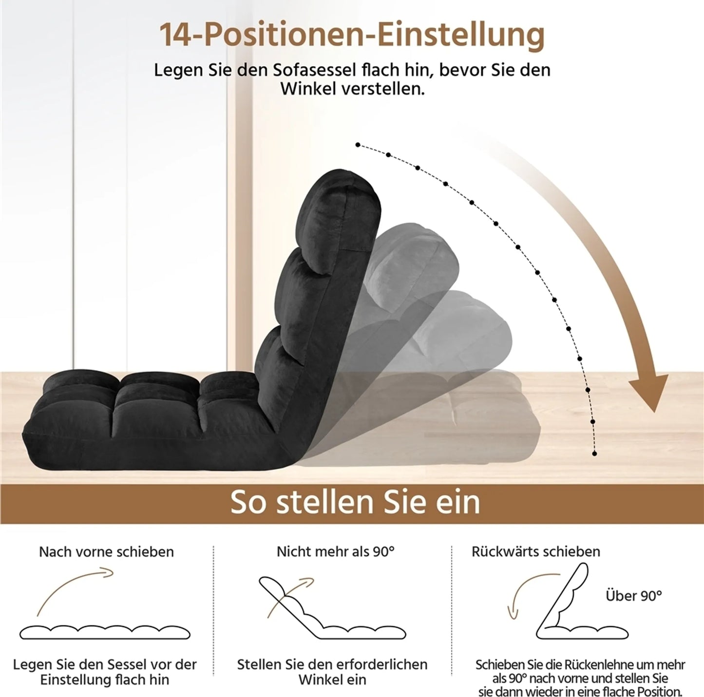 Yaheetech Vloerstoel Inclusief 14 Verstelbare Standen – Voorzien Van Schuim Met Hoge Dichtheid En Stevig Metalen Frame En Zachte Pluche Stof – Voor Woonkamer En Speelkamer – Zwart Polyester – 111,5 x 53 x 14 cm