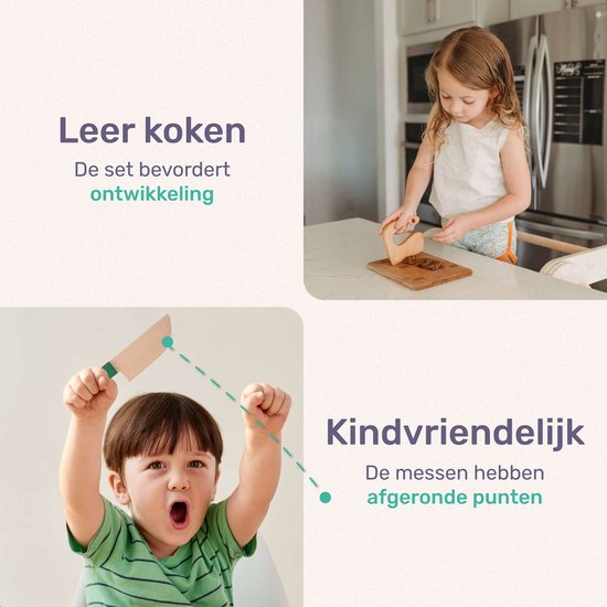 Qwali Houten Kindermessen Set - Veilig - Incl. Snijplank - Kinder - Bestek - Messen Kind - Keuken - Speelgoed