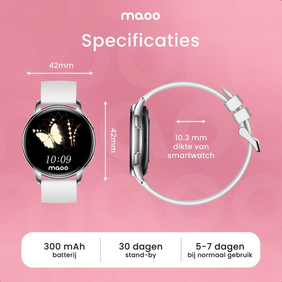 Maoo Ventura AMOLED Smartwatch Dames – RVS & 4x Siliconen Bandjes – Stappenteller, Hartslagmeter, Slaapmonitor, Multisport, Notificaties, Bellen, GPS, Android & iOS – Zilver & Wit