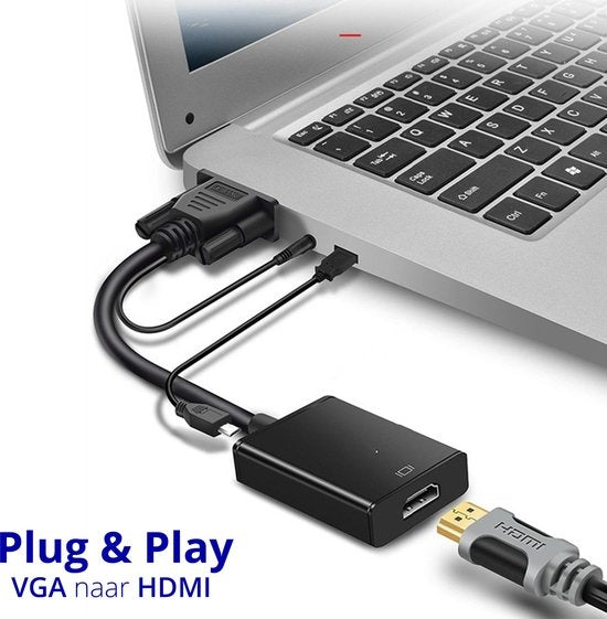 Techvavo® VGA (+ Audio) naar HDMI Adapter Converter Universeel - Met 3.5MM Jack Aux & USB Voeding Kabel - Analoog Naar Digitaal Video Omvormer - Male To Female - 1080P Full HD - inclusief USB voedingskabel