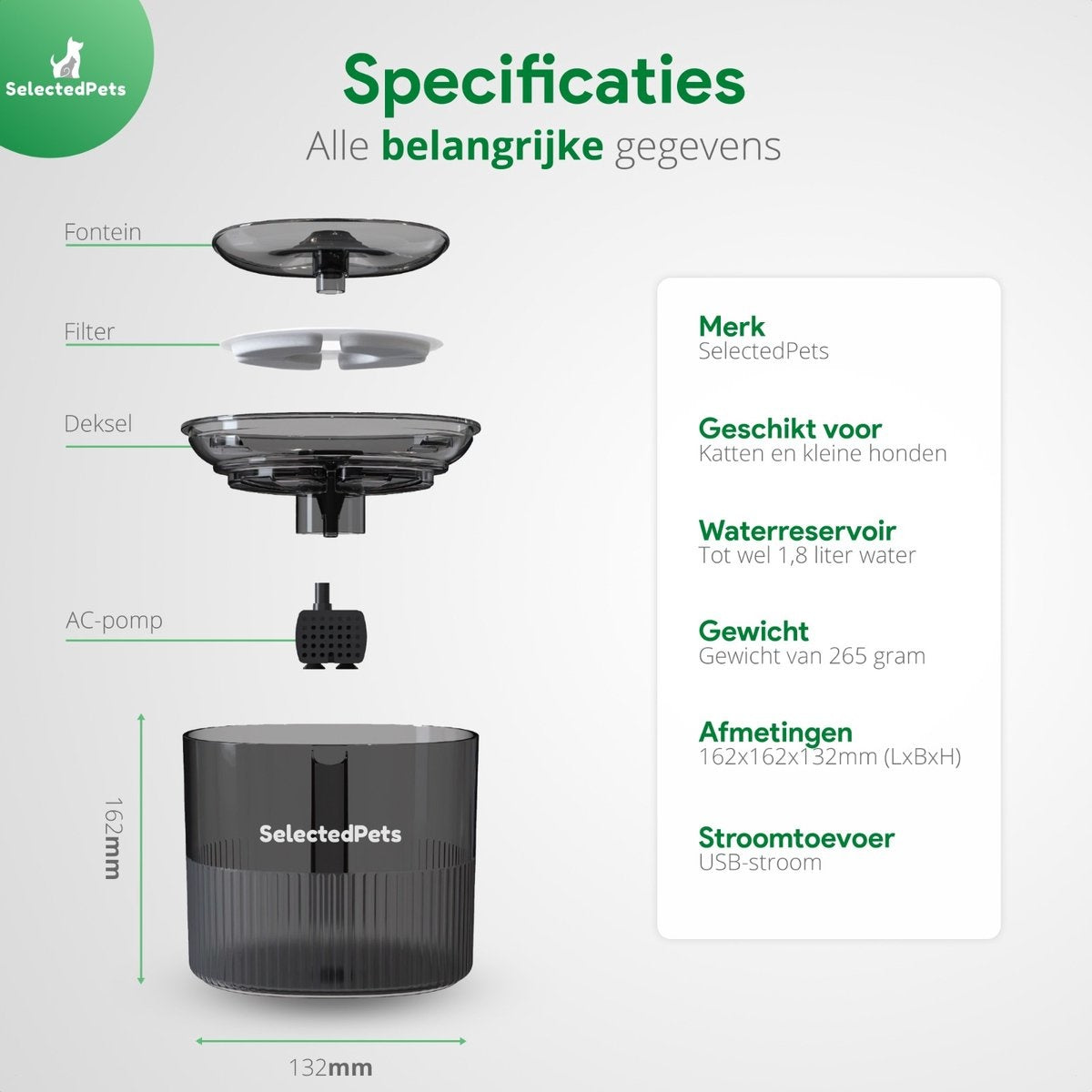 Drinkfontein kat en hond - Zwart - 1.8L - Met filter