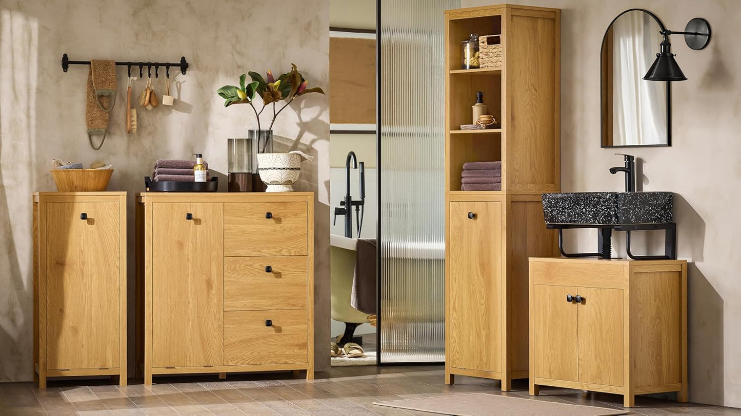 SoBuy Hoge Badkamerkast met Wasmand en 3 Planken - Wandmontage - Hout - 40 x 35 x 173 cm