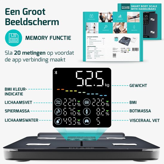 FITAGE Handvat Weegschaal Personenweegschaal Digitaal - Slimme Weegschaal met 17x Lichaamsanalyse - Weegschalen - FITAGE App