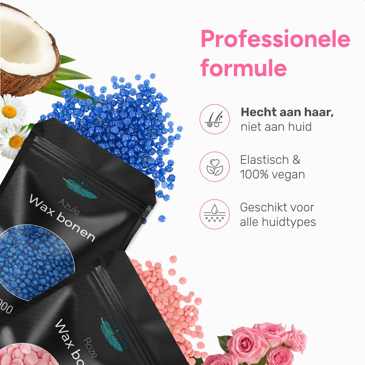 Soft & Silky Wax Beans 1 kg – Hard Wax Parels – Incl. 60 Spatels – Blauw of Roze – Voor Wax Apparaat