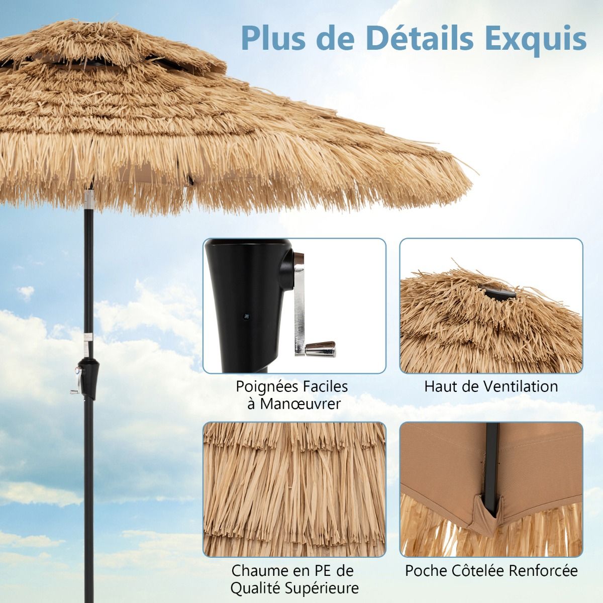 Coast Rieten Parasol - 32 LED Lampjes - Kantelbaar - Hawaii Stijl - 270 x 270 x 256 cm