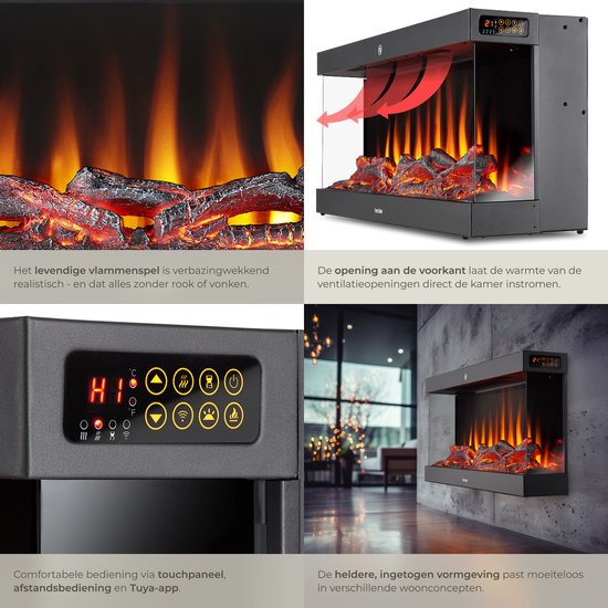 tectake® Wandhaard - Elektrische Haard - Sfeerhaard - 900W & 1800W - Bediening met Afstandsbediening of App - met Thermostaat - Kachel - met Verwarming - Haarden - met Hout en Gloeieffecten - 3D Vlammen - Timer - 9 Kleuropties
