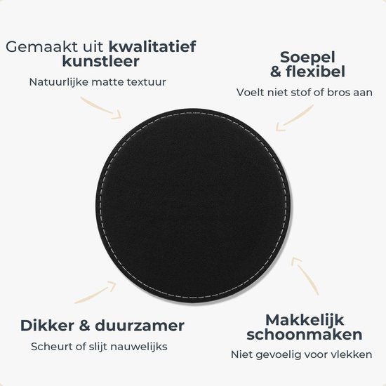 Castagnola Kunstlederen Onderzetters – Onderzetters voor Glazen – Design Onderzetters met Houder – Leren Onderzettersset – Leder – Set van 10 – Zwart met Stiksel