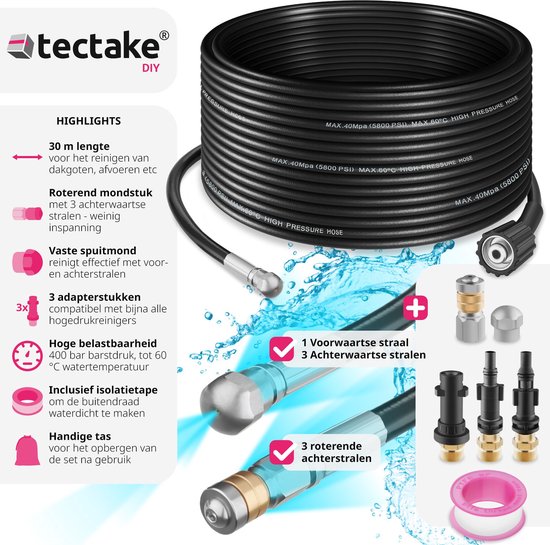 tectake® rioolslang - leidingreinigingsslang 2x leidingreinigingsmondstuk - afvoerreiniger voor hogedrukreinigers - leidingreiniging - afvoerleiding - rioolreiniger - toiletreiniger - 30 meter
