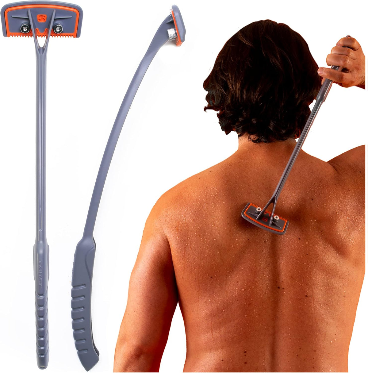 BRO SHAVER 2.2 Rugscheerapparaat voor heren – 43 cm, roestvrij staal, 2 scheerinstellingen, geschikt voor universele dubbele mesjes, grijs