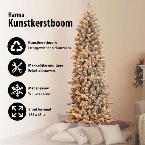 Black Box Trees Harma Slim Kerstboom met Sneeuw en Scharnierconstructie voor Snelle Montage - Kunstboom voor Kleine Ruimtes - Kerstversiering voor Binnenshuis - H185 x Ø63 cm - Groen Frosted