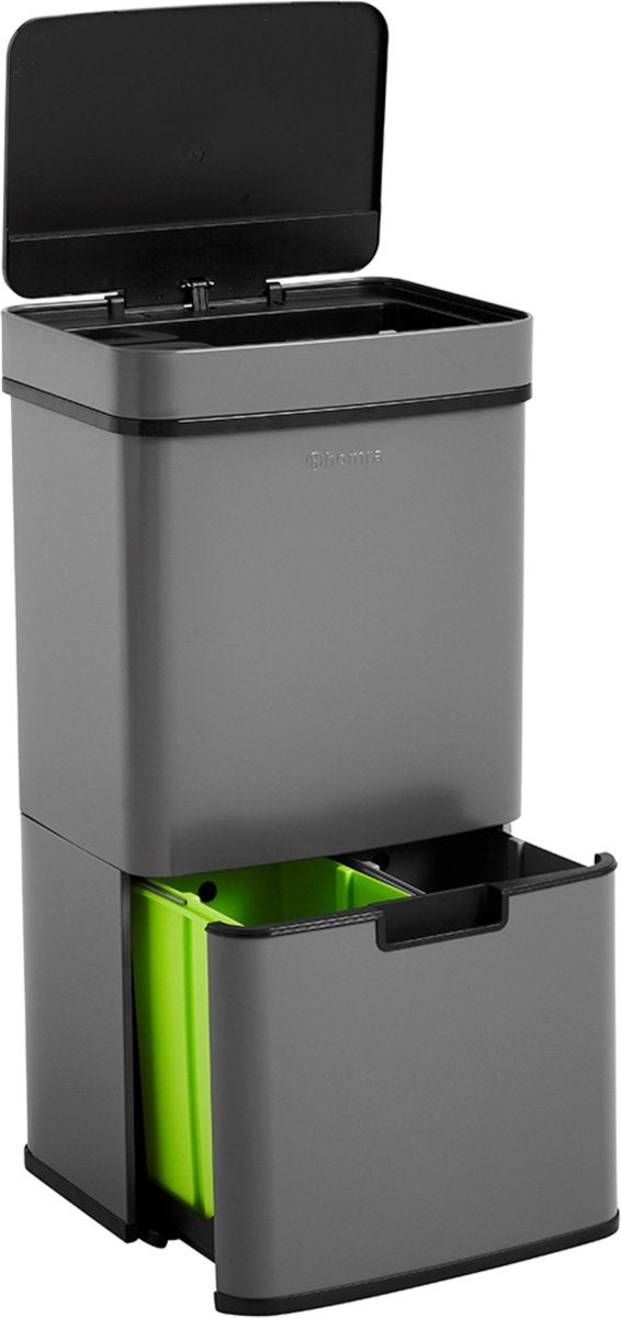 Homra Prullenbak – Automatische deksel & 3 vakken – 72L (2x12L + 48L) – 31,5 x 42 x 82,5 cm – Grijs