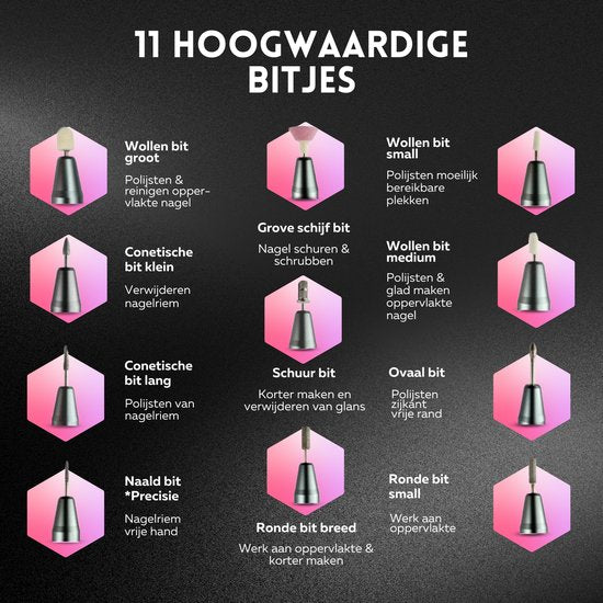 Beeperfect® Draadloze Elektrische Nagelvijl Pro Edition - Nagelfrees - Manicure en Pedicure set - Oplaadbaar - 11 Bitjes en 60 Schuurrolletjes - 30.000RPM