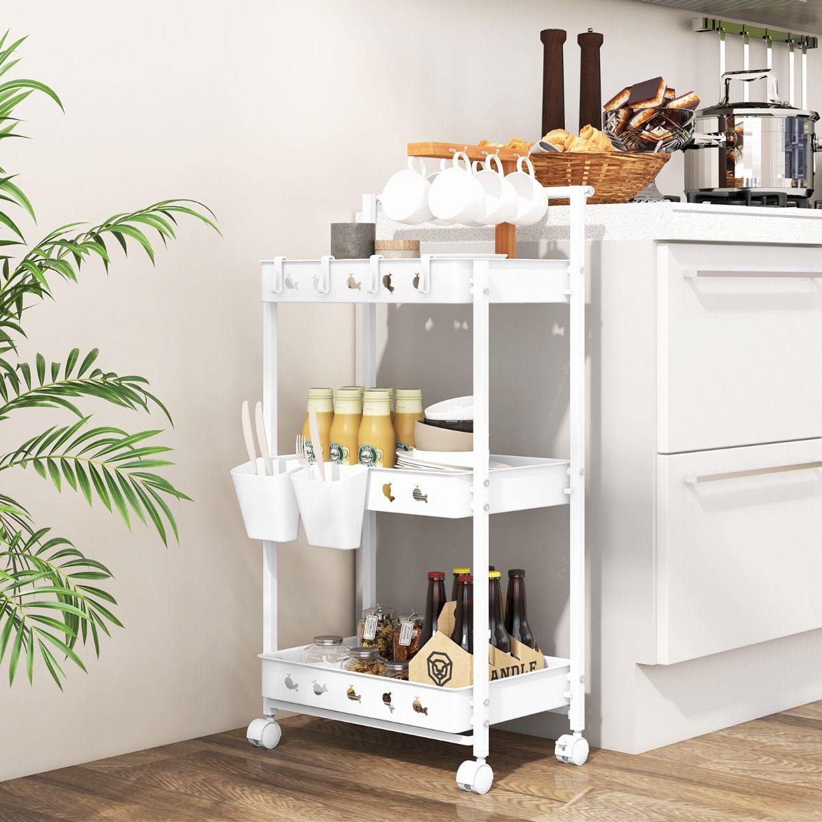 Coast Opbergwagen - 3 niveaus - met haken en bekers - wit 42 x 29 x 83 cm