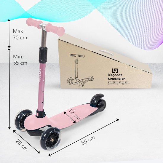 LifeGoods – Kinderstep Met 3 LED-Wielen – Geschikt Voor 2-5 Jaar & Hoogte Verstelbaar – Voorzien Van Lichtgevende Led Wielen En Voetrem – Voor Jongens En Meisjes – Pastel Roze Aluminium