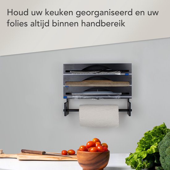 Nimma Rollenhouder - Keukenrolhouder en Foliehouder in 1 - Incl. Ophangsysteem en Foliesnijder - Geschikt voor 3 Rollen Folie - Bamboe - Zwart