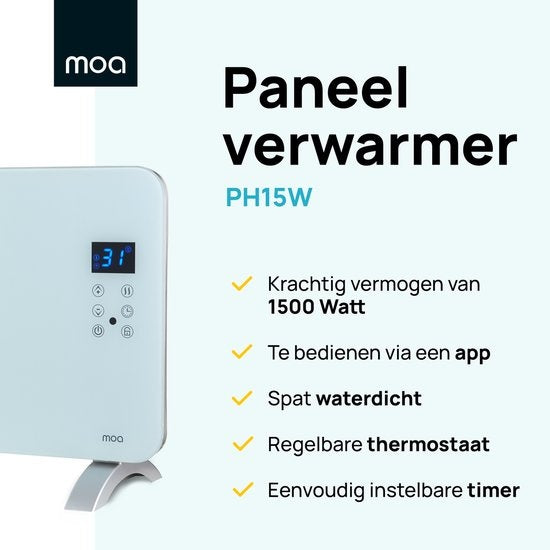 MOA Smart Glazen Paneelverwarmer met WiFi - Elektrische kachel - Convectorkachel - Paneelverwarming - Portable Heater - Wit - PH15W