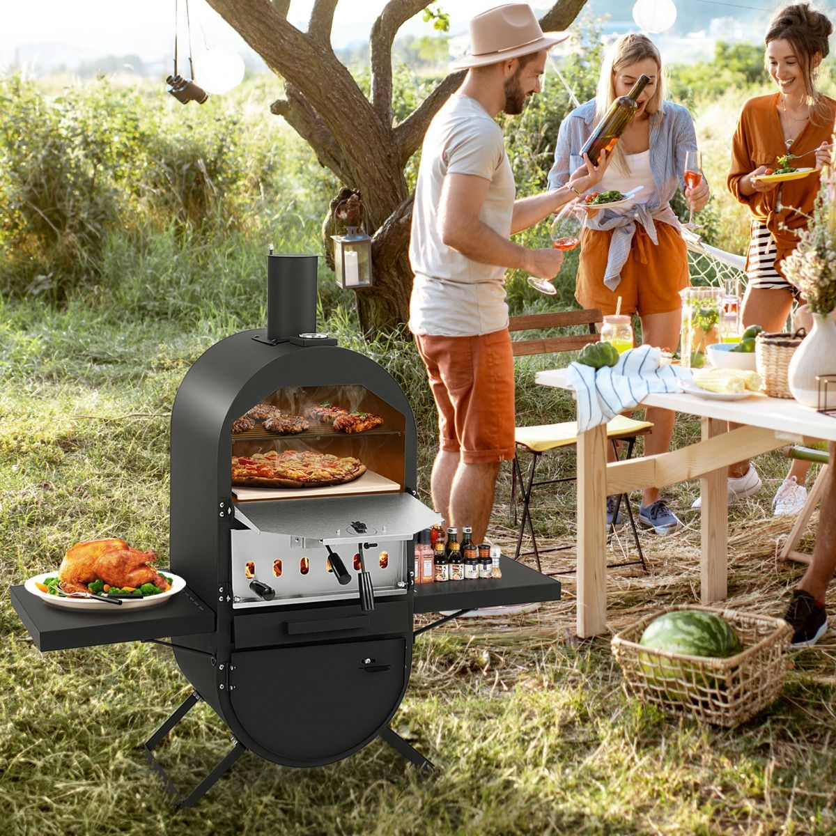 Coast Houtgestookte Pizzaoven voor Buiten - Zwart - 98 x 31 x 98 cm - Inclusief Pizzasteen, Pizzaschep en Beschermhoes