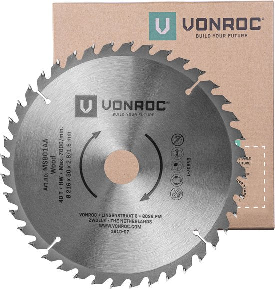 VONROC Zaagblad – Ø216MM – 40 tanden – voor hout – geschikt voor afkortzagen & tafelzagen