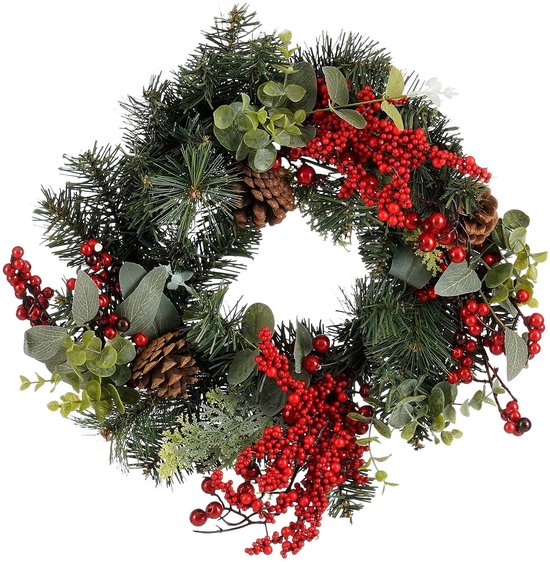 Mica Decorations Harvey Kerstkrans met Dennenappels - H11 x Ø40 cm - Rood