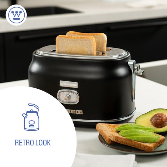 Westinghouse Retro Broodrooster – 2 Sneden – Extra Brede Sleuven – Warmhoudrek – 815W – Zwart