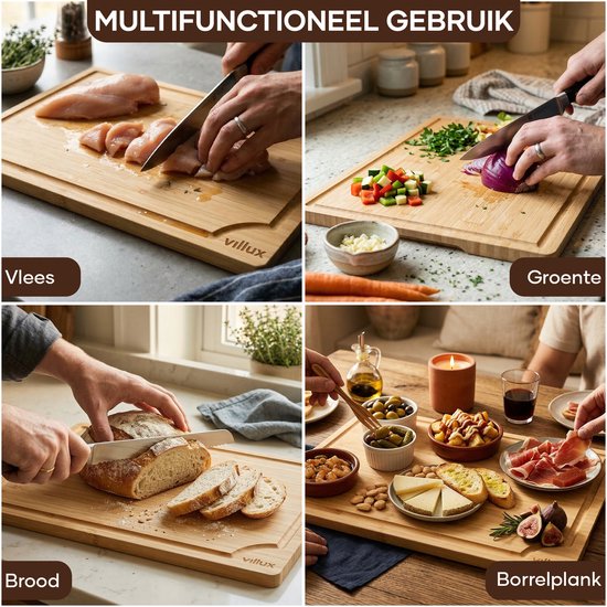 Villux Snijplank - Snijplankenset - Snijplank Hout - Snijplanken - Snijplank Bamboe - Houten Snijplank - Tapasplank - Borrelplank - Serveerplank - Hapjesplank - Inclusief eBook - 3 Stuks - Bamboe