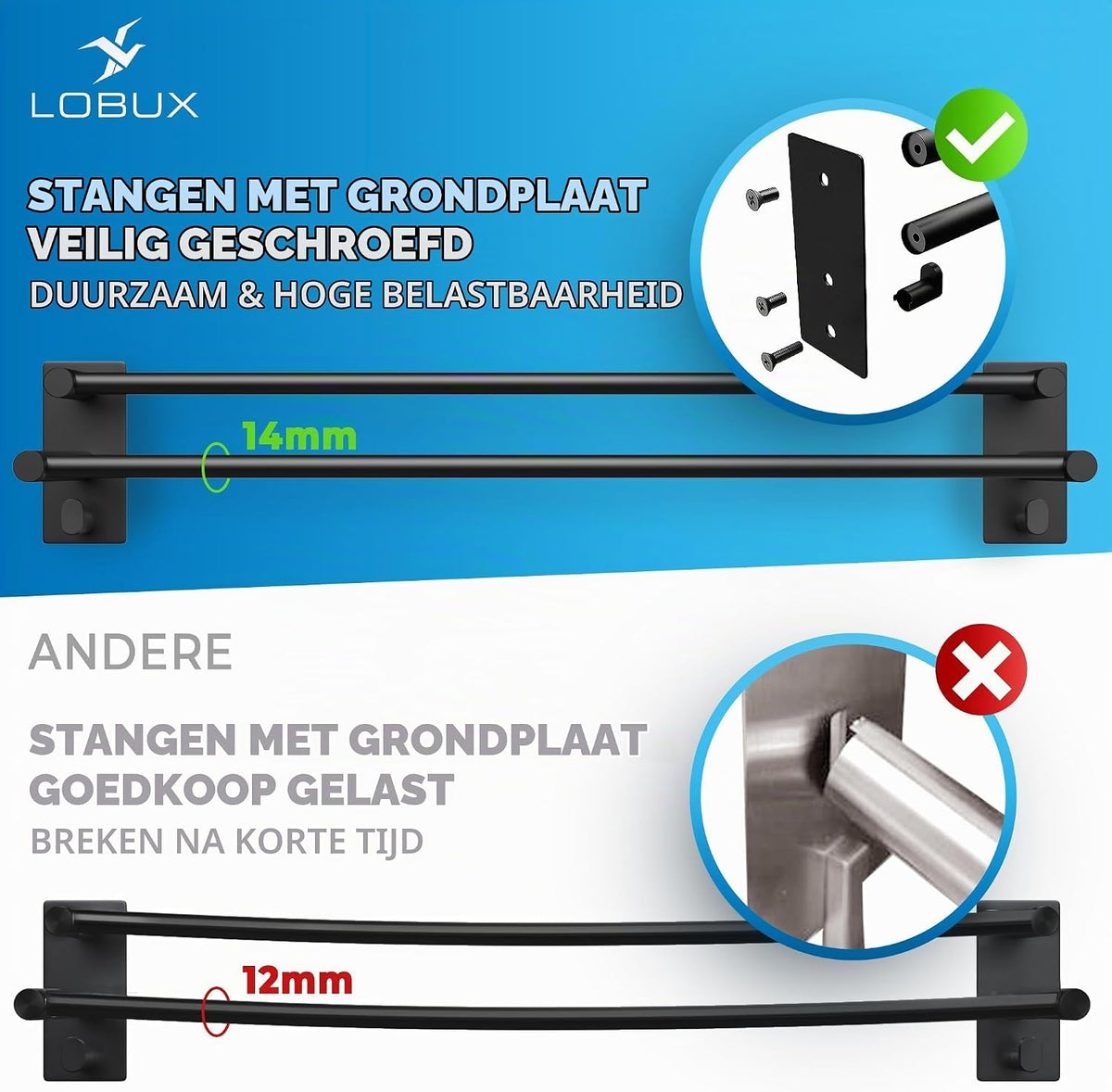 LOBUX Dubbele Handdoekhouder - Zonder Boren - 60 cm - Zwart