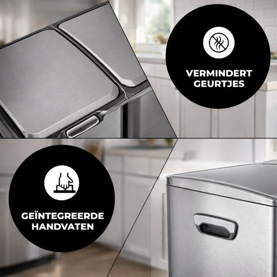 Bayt Prullenbak - Prullenbak 60 Liter - Vuilnisbak 60 Liter - Pedaalemmer 60 Liter - Prullenbak Afvalscheiding - Prullenbak 3 Vakken - Afvalbak - RVS - Zilver