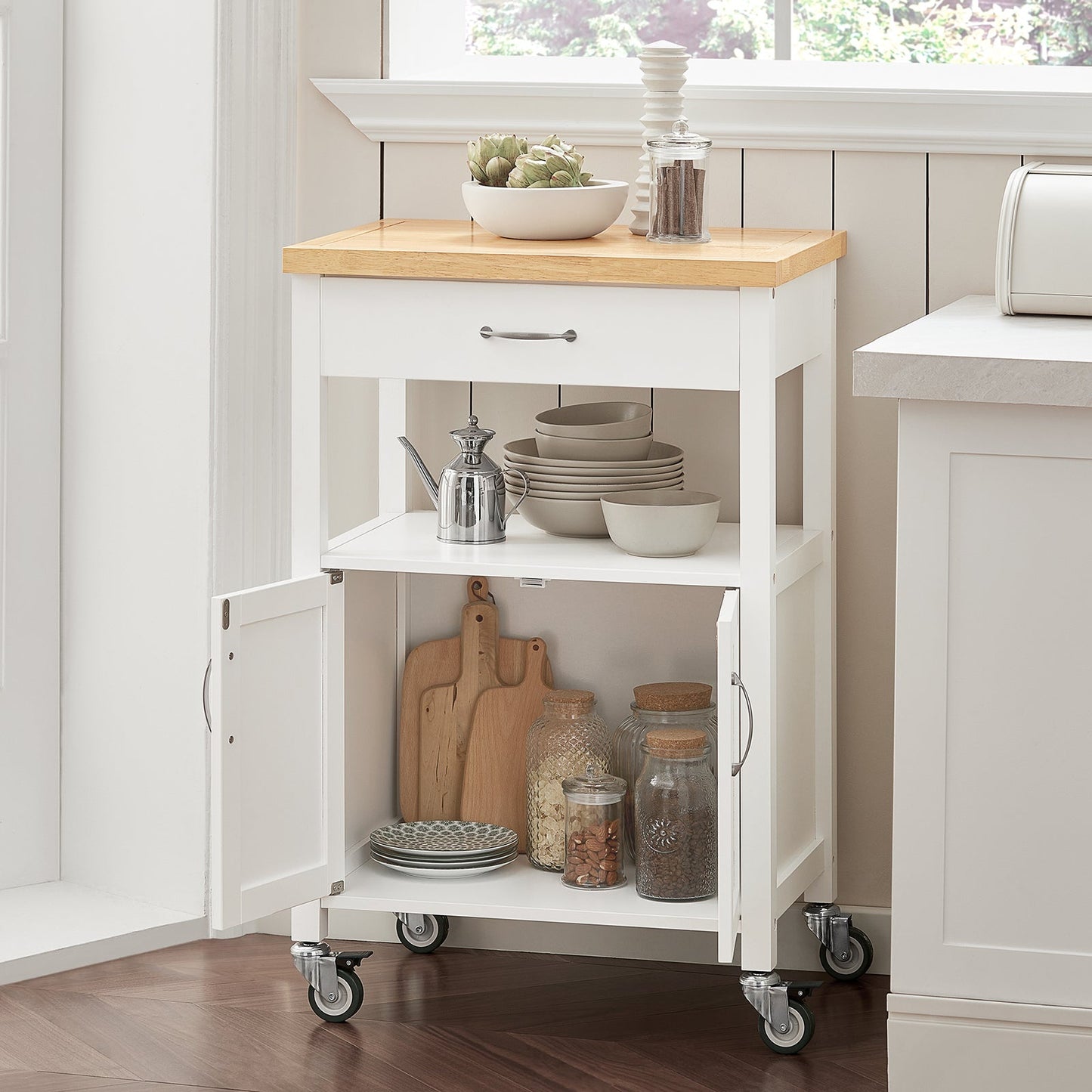 SoBuy Keukenwagen met 1 lade en 2 deuren - Max. 30KG - 44,5 x 60 x 90 cm - Wit