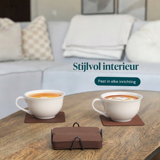 Castagnola Kunstlederen Onderzetters – Onderzetters voor Glazen – Design Onderzetters met Houder – Leren Onderzettersset met metalen houder – Leder – Set van 10 - Bruin - 10x10cm