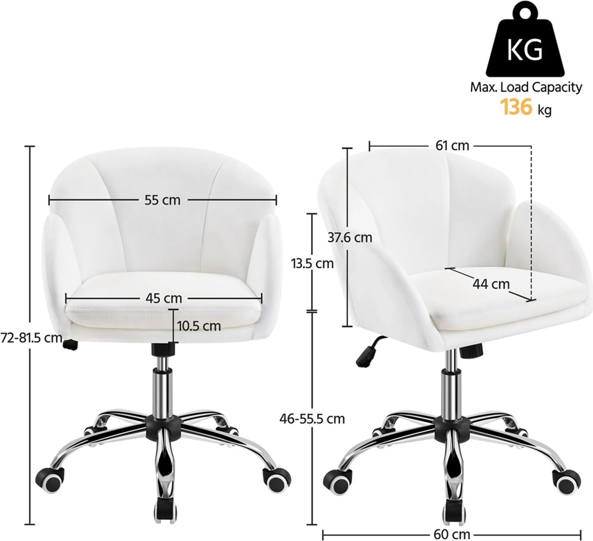 Yaheetech Stijlvolle Bureaustoel met Bloemdesign 72-81,5 cm – Sneeuwwit – Polyester en Metaal