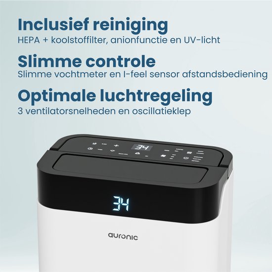 Auronic Luchtontvochtiger en Luchtreiniger - Better Plus Series - Ontvochtigt 12L per dag - 5L Waterreservoir - Slaapkamer, Badkamer, Woonkamer en Kantoor - Vochtvreter voor in Huis - Wit