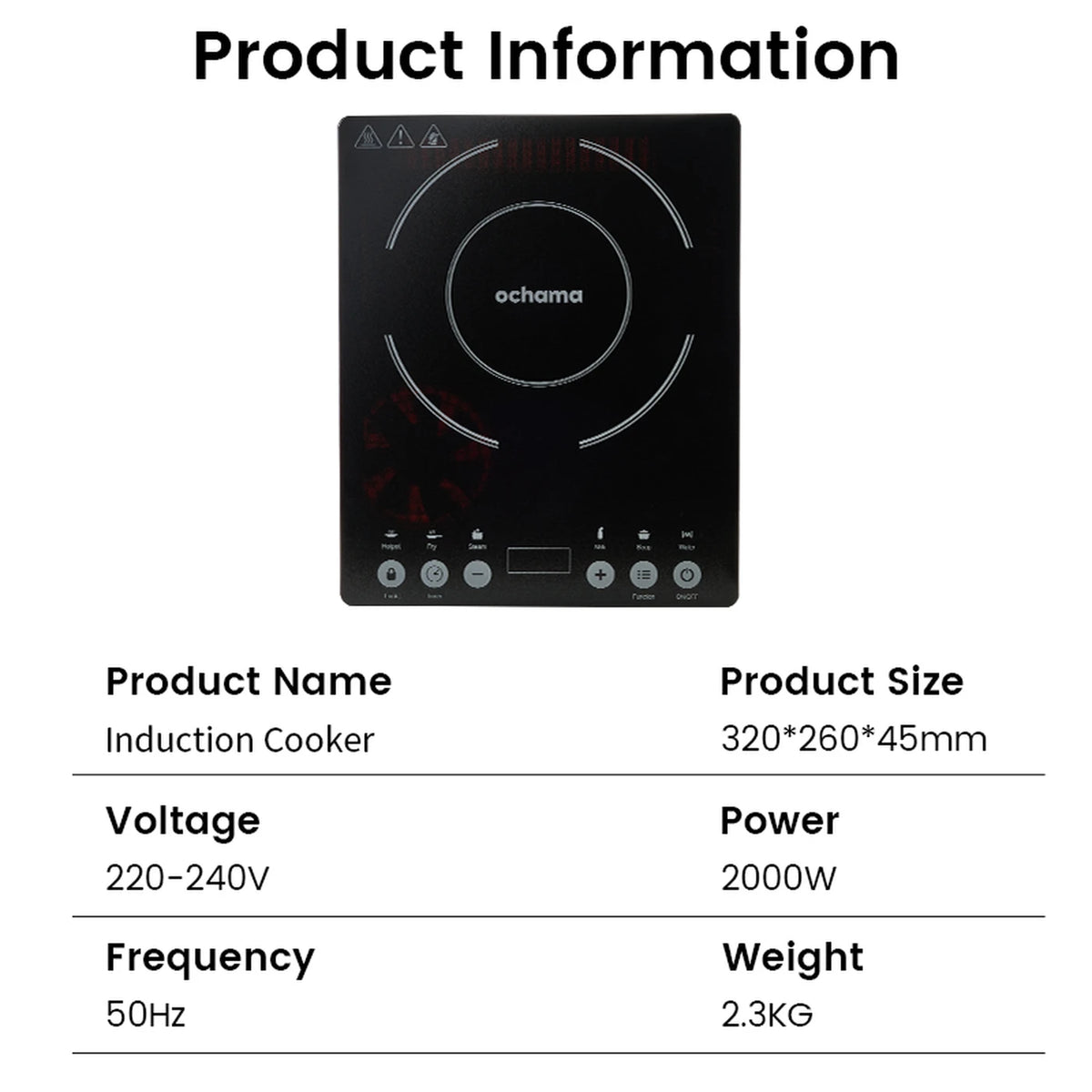 Ochama Inductiekookplaat CL-2302 - 2000 W - 1 Kookzone - 10 Standen & 6 Kookfuncties - Touchbediening - Kinderslot