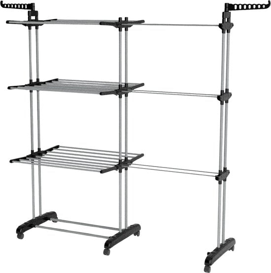 Vonia Droogtoren - Droogrek - Wasrek - Wastoren Dubbel - 3 Lagen - Inklapbaar - 150 x 50 x 171 cm - Grijs