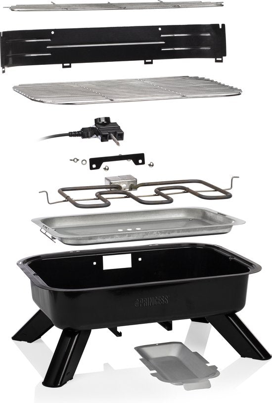 Princess 112252 Hybride Barbecue – 2000W – Elektrisch of Houtskool BBQ – Compact Tafelmodel – Ideaal voor Balkon & Camping – 44x29 cm