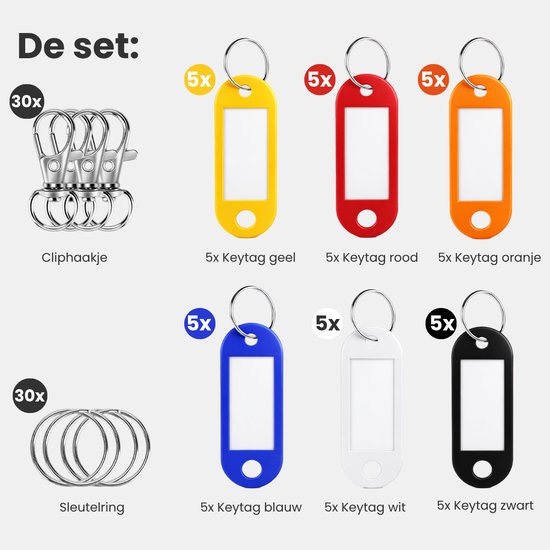 Vaive Sleutellabels 30 Stuks – Sleutelhanger met Karabijnhaak, Ringen en Naamkaartje – Sleutelringen voor Sleutelbeheer - Sleutelring 25 mm