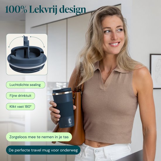 Castagnola Thermosbeker - Koffiebeker To Go - Travel Mug voor Koffie en Thee - Theebeker - 510 ML - RVS - Donkerblauw