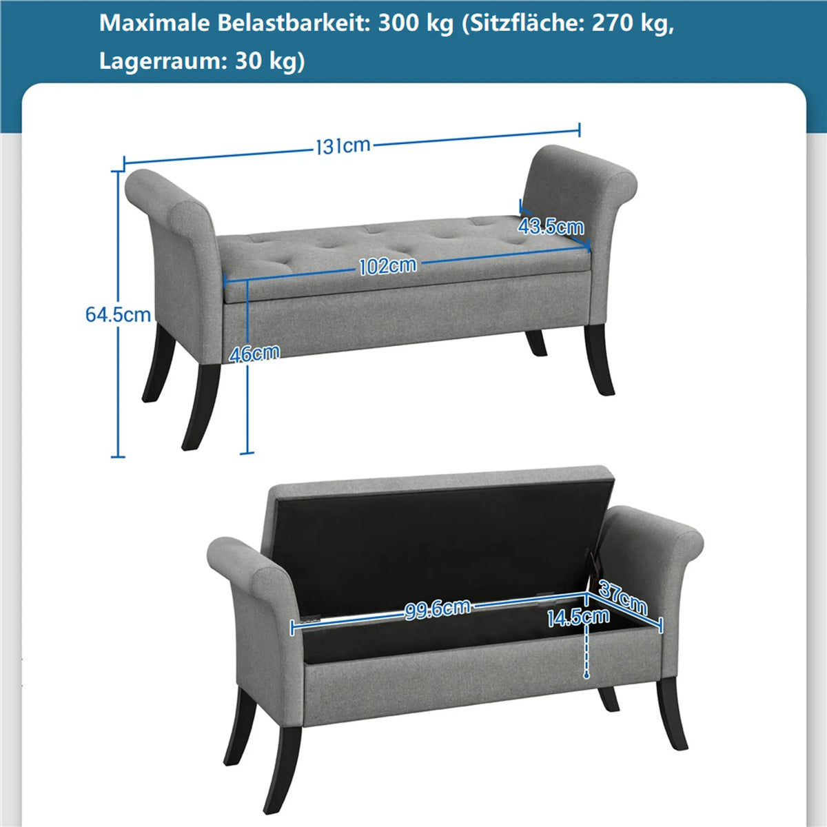 Yaheetech Zitbank met opbergruimte en armleuningen - 131 x 43,5 x 64,5 cm - Lichtgrijs