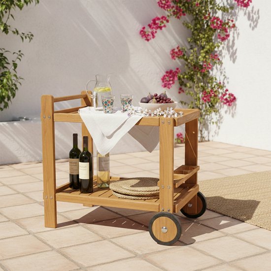 AXI Miri Teak Serveerwagen – 70 x 48 x 70 cm - Teakhout – Met 2 Wielen en 3 Flessenhouders – Buiten en Binnen – Voor Tuin, Terras en Balkon