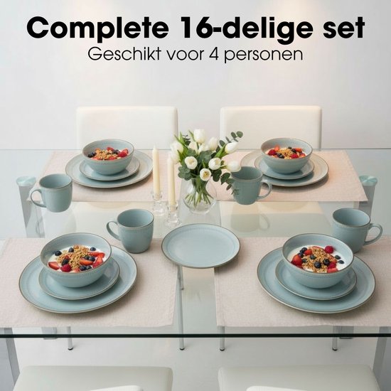 Mica Decorations Racco Serviesset 16-Delig - 4 Persoons - Ontbijtborden, Kommen en Mokken en Dinrborden - Steengoed Servies - Vaatwasserbestendige Servies Set - Lichtgrijs