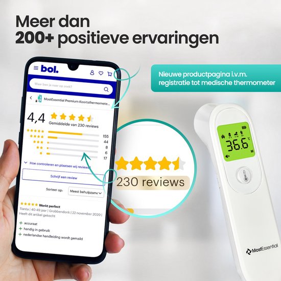 MostEssential Digitale Voorhoofd Thermometer - Temperatuurmeter - Koortsthermometer voor Volwassenen, Kinderen en Baby's - Contactloos - HW05