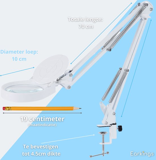 Earkings Loeplamp Vergrootglas met Verlichting - Loeplamp met LED Verlichting inclusief Tafelklem en 3 Lichtkleuren - Loep Vergroot 3x tot 10x en is 360 Graden draaibaar Wit