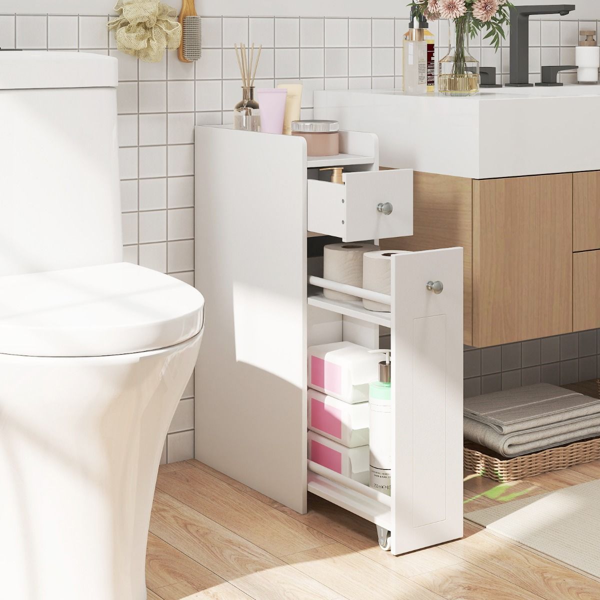 Coast Badkamerkast Smal - 4 niveaus - Uitschuifbare lades op wieltjes - Wit 40 x 18 x 70 cm